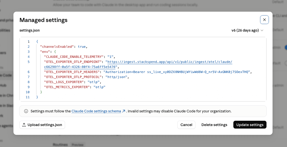 Paste the JSON into the settings.json editor, then Update settings
