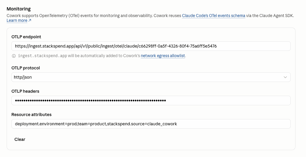 Cowork → Monitoring: endpoint, http/json, headers, resource attributes