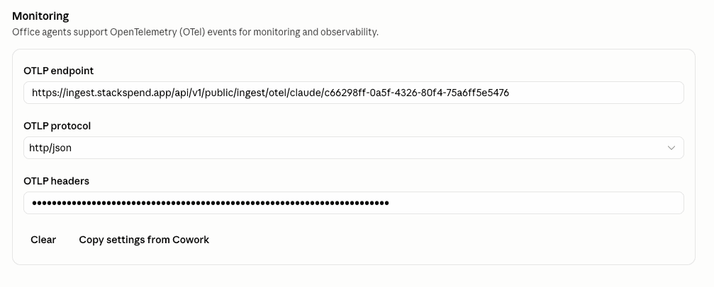 Office agents → Monitoring: endpoint, http/json, headers (no resource attributes; or Copy settings from Cowork)