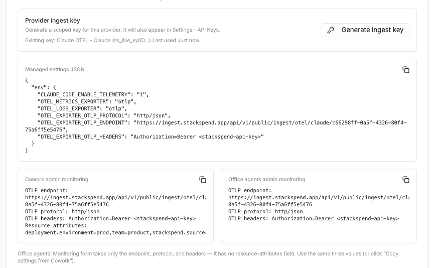 StackSpend Claude provider page — Generate ingest key, then the managed-settings JSON and Cowork/Office blocks fill in automatically
