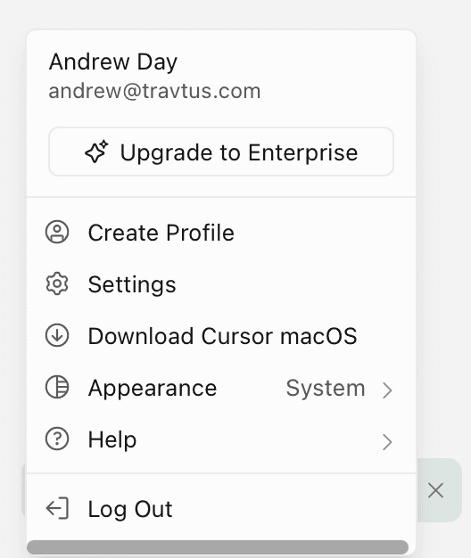 Cursor account menu — click Settings
