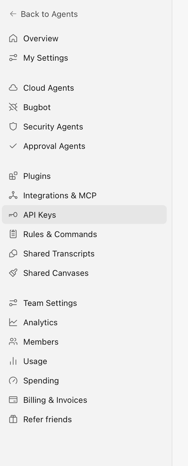 Settings sidebar — select API Keys