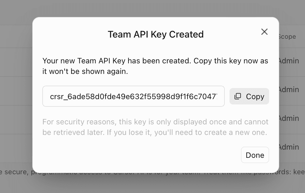 Team API Key Created — copy the crsr_ key